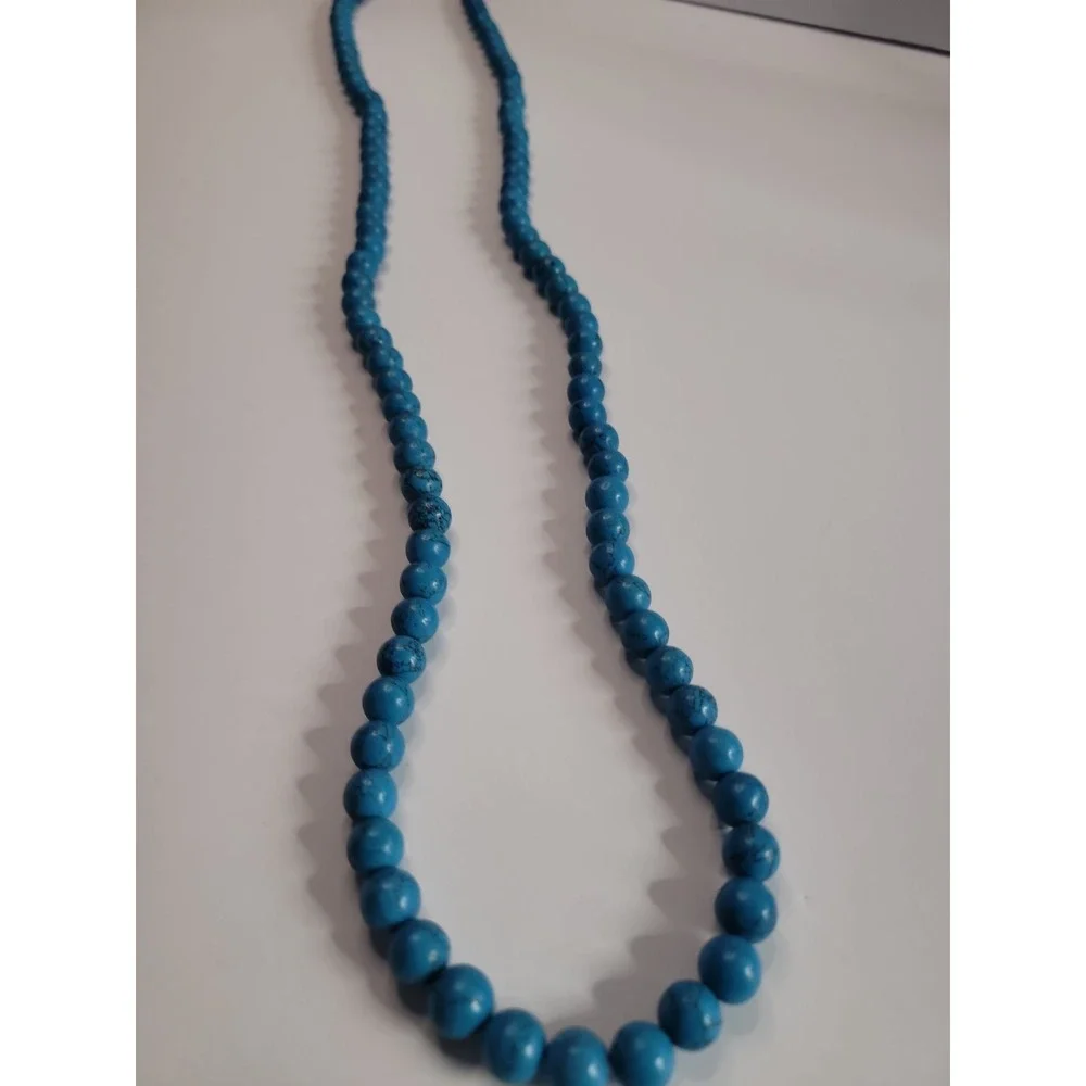 Blue Black Veined Round Bead Long Necklace Southwestern Boho Statement Jewelry